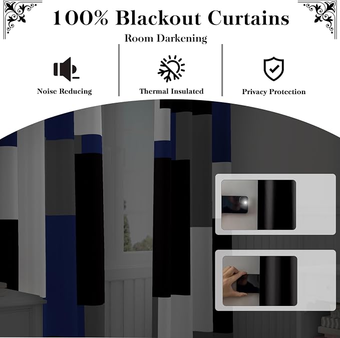 Tyrot Navy Blue Grey 100% Blackout Curtains for Bedroom 96 inch Long 2 Panels Set Gray Modern Abstract Geometric Black Out Curtains Insulated Room Darkening Window Drapes for Living Room, 52Wx96L