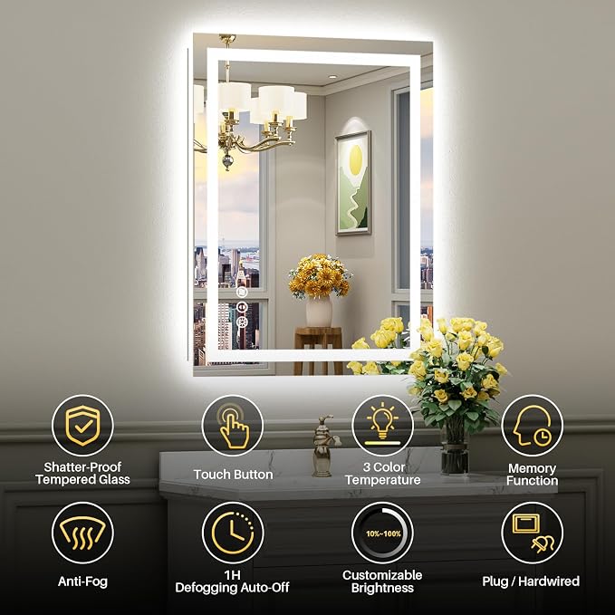 Briivue 28x36 Inch LED Bathroom Mirror with Lights, Backlit & Front Lit, Anti-Fog Lighted Bathroom Vanity Mirror for Wall, Memory Function, Dimmable, HD Tempered Glass, Shatter-Proof