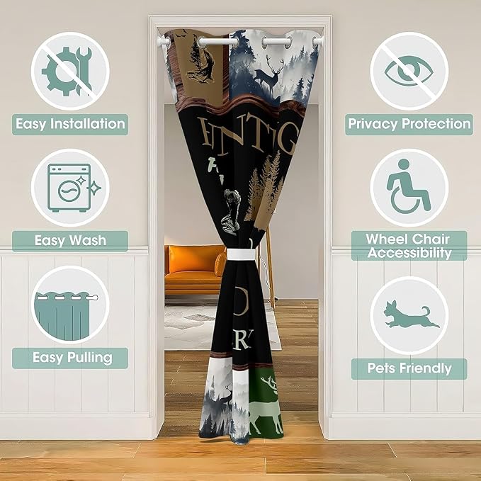 Feelyou Wild Deer Door Curtain for Doorway Privacy 1 Panel, 52"x84" Fishing Hunting Closet Door Cover Curtain for Bedroom Living Room Wild Animal Room Blackout Curtain Green Brown