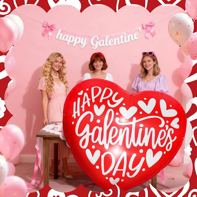 VIHOSE Happy Galentines Day Inflatables Decorations 4.3 ft Pink Valentine Day Blow up Decor Heart LED Lights Inflatable Decor for Ladies Girls Friends Valentine Party Photo Props