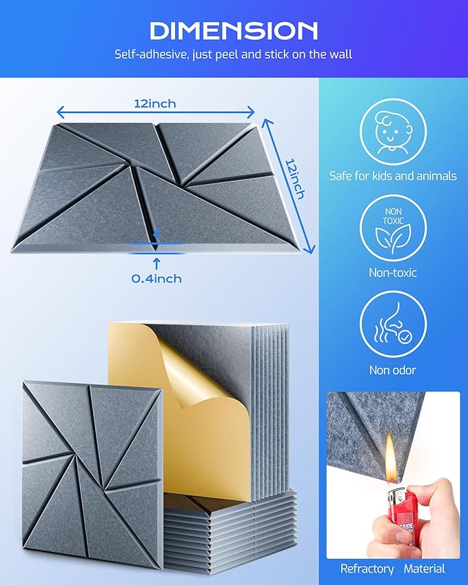 22 Pack Acoustic Panels, Sound Proof Foam Panels for Walls, Self-Adhesive High Density Soundproof Wall Panels, 12" X 12" X 0.4", Sound Absorbing Panels for Home, Studio, Office (Gray)