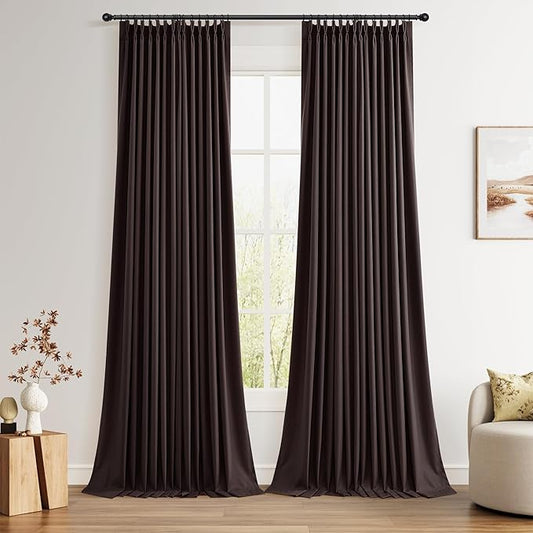 Joywell Coffee Brown Pinch Pleated Linen 100% Blackout Curtains 2 Panels Set Black Out Extra Long Curtains 120 Inch for Living Room Bedroom Memory Shaped Thermal Insulated Pinch Pleat Drapes 10 FT