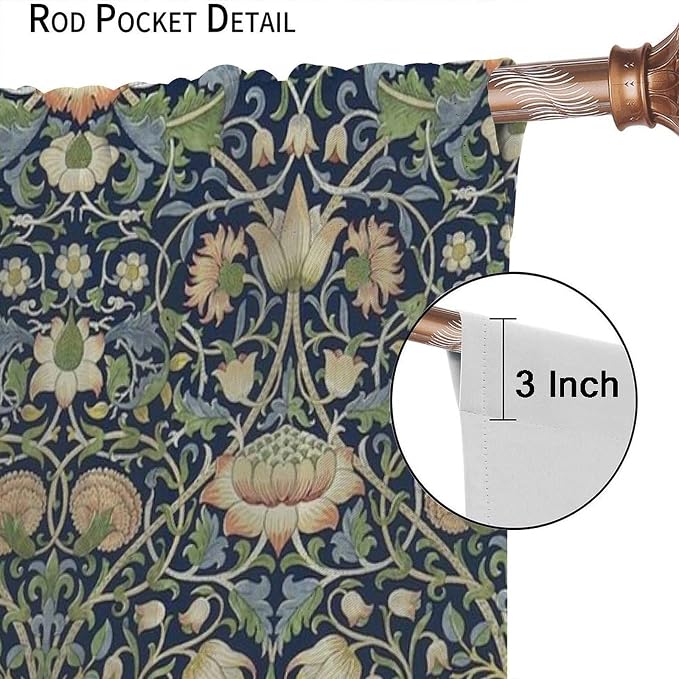 William Morris Blackout Window Curtains, Retro Botanical Vintage Floral Leaves Pattern Print Window Drapes, for Living Room Bedroom 31.5(W)*72(L) 2 Panels