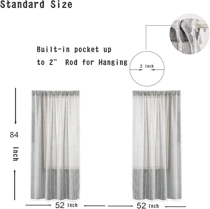 RoomTalks Dark Gray Boho Farmhouse Curtains for Bedroom Living Room 84 Inch Length French Cabin Rustic Country Cute Charcoal Window Curtain Panels Bohemian Chic Tassel Draperies, 84’’L x 52’’W