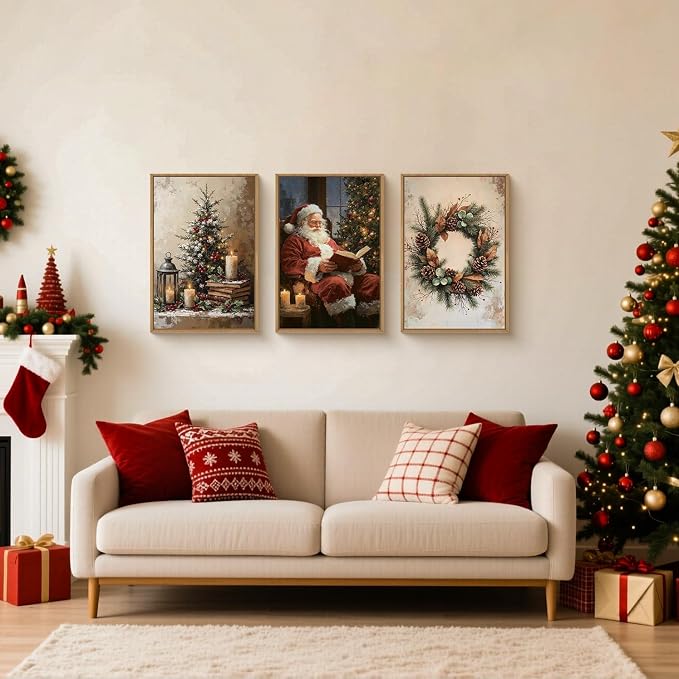 HOURIA Vintage Christmas Tree Santa Claus Framed Canvas Wall Art Set,Rustic Pinecone Wreath Berries Wall Decor,Retro Winter Cozy Night Candle Light Artwork for Living Room,Xmas 24 x36 x3