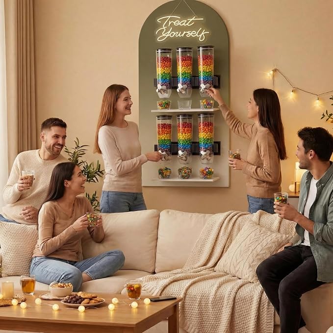 Lounsweer 6 Pcs Wall Candy Dispenser with 1pcs Treat Yourself Neon Signs 9 L Machine Grain Dispenser Neon Snack Sign Wall Mount for Home Kitchen Food Store Birthday Gift Party Decor