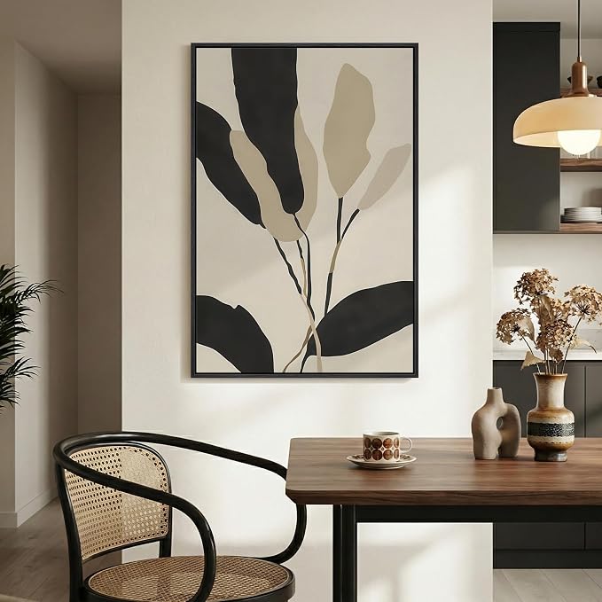 Framed Boho Abstract Wall Art for Living Room, Neutral Black Beige Wabi Sabi Botanical Leaf Prints Canvas Artwork for Walls, Minimalist Mid Century Modern Wall Decor for Bedroom Home Office, 24x36 In