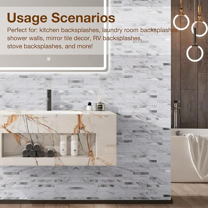 Peel and Stick Backsplash Tile Waterproof Removable PVC Wall Sticker 3D Faux Stone Marble Brick White Accent Panels (White Marble - Metal Silver, 40 Tiles - 18 sq. ft. (1.68 m²)