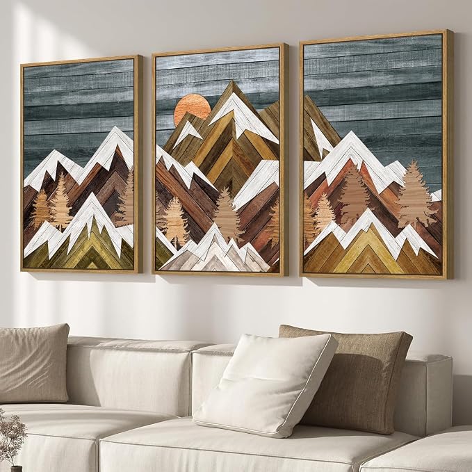 BINCUE Rustic Mountain Canvas Wall Pictures Framed Mountain Wall Art Nature Landscape Artwork Boho Mountain Wall Decor Farmhouse Paintings Rustic Landscape Art Prints for Office Living Room Bedroom 16x24 Inches Set of 3
