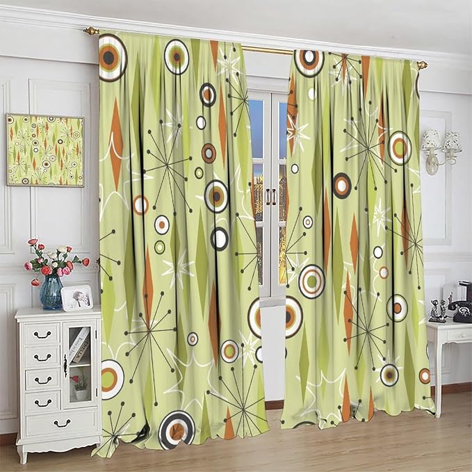 JESTRONRY Mid Century Curtains,Vintage 1950s Modern Retro Atomic Pattern Blackout Rod Pocket Window Drapes for Living Room Bedroom Kitchen Bathroom Home Decor 63x72in
