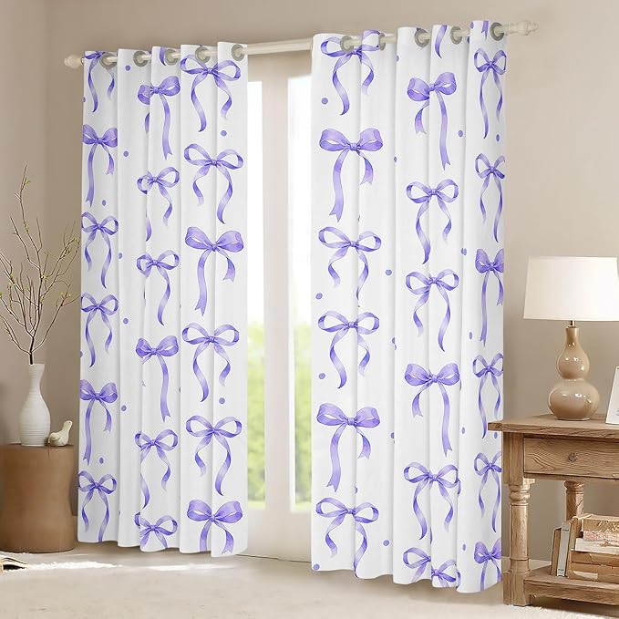 Feelyou Girls Bow Curtains for Bedroom Living Room Purple Bowknot Blackout Shades Dreamy Princess Room Darkening Curtain Coquette Aesthetic Window Treatments, 2 Panels 42 x 90 Inch Cute Decor
