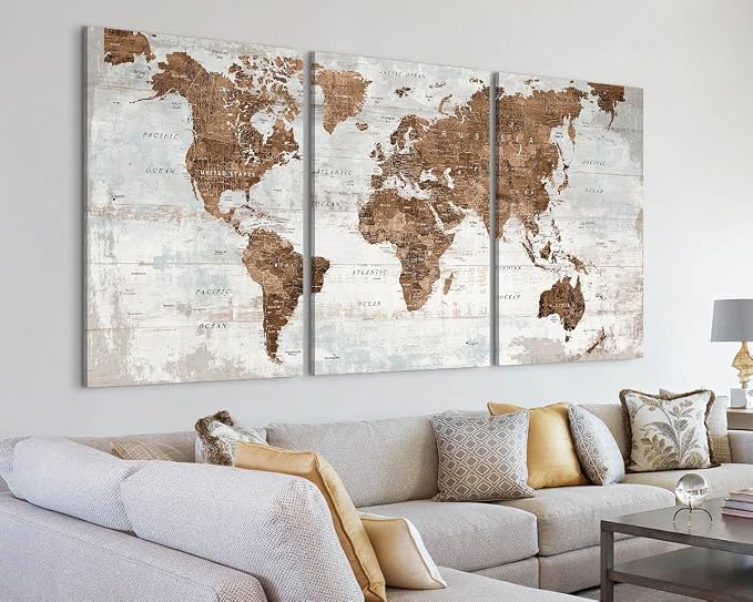 Large World Maps for Wall Framed Mens Office Living Room Wall Decor | Canvas Wall Art for Boys Womens Bedroom Giant Oversized Inspirational Vintage Old Global Map Artwork