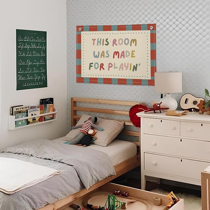 Vintage Playroom Decor Wall Banner "This Room Was Made For Playin'" 20x30 Inch - Nursery Kids Bedroom Wall Hanging, Linen Toddler Play Area Sign, Children's Canvas Flag Decor - Color