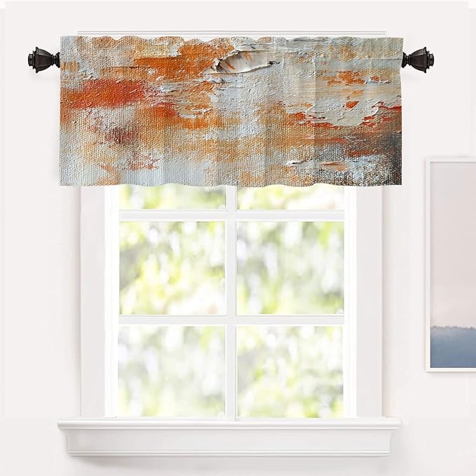 Shrahala Brushstrokes of Paint Blackout Short Curtains for Windows, Orange Grey Canvas Texture Kitchen Valance Thermal Insulated Rod Pocket Window Treatment for Bathroom 52 X 18 in