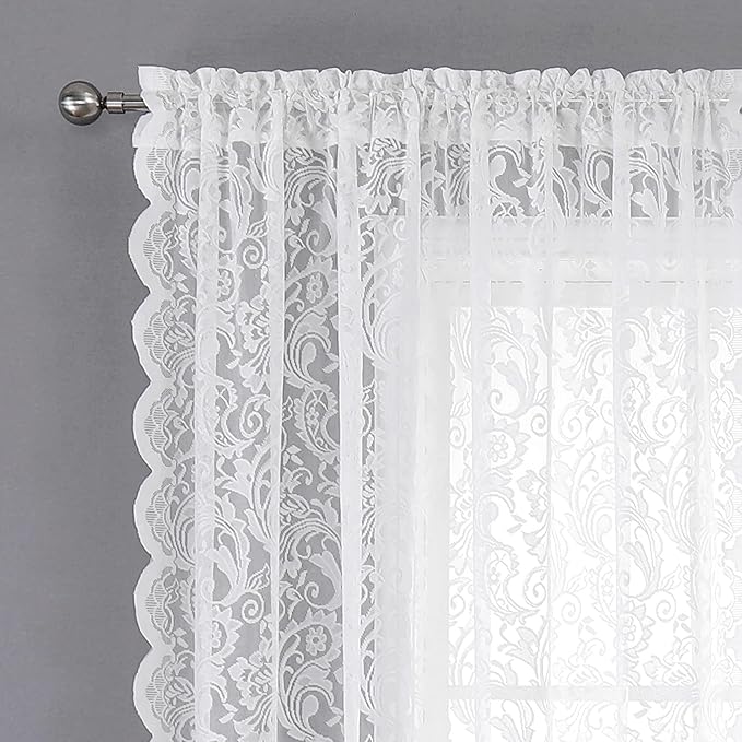 Bujasso White Sheer Lace Curtains 54 inch Vintage Floral Short Curtain Panels for Kitchen Living Room Bedroom Light Filtering White Drapes Window Treatment Sets Rod Pocket 2 Panels 54" Wx54 L