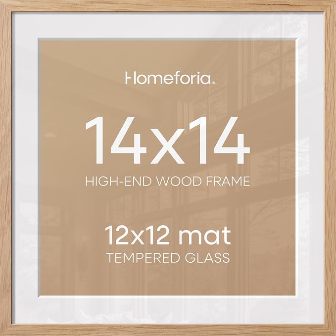 Homeforia Wood Square Frame 14x14, High End Natural Oak 14 x 14 Light Wooden Picture Frames with Mat 12 by 12 inch Photo, 14by14 Poster Frames Matted to 12x12 Print, Tempered Glass, Wall Kit, Set of 3
