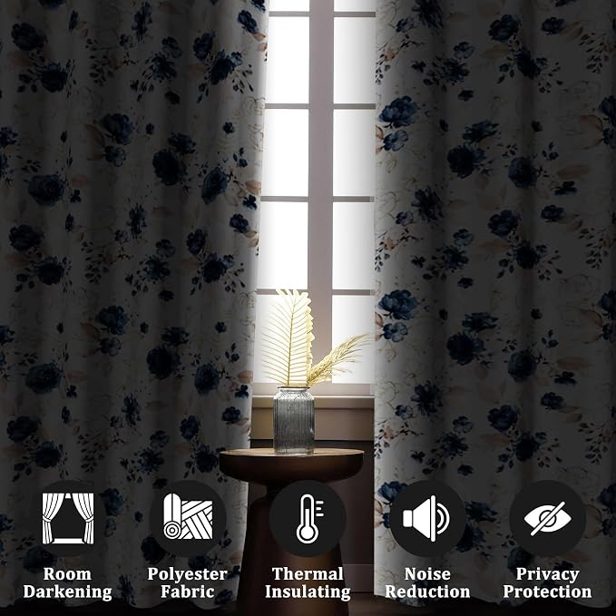 Renaiss Blue and White Floral Blackout Curtains Gold Line Rose Flowers Thermal Insulated Window Drapes for Bedroom 42W x 96L inches 2 Panel Set Window Curtain Panels for Living Room