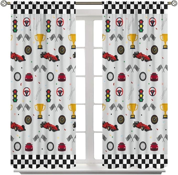 Racing Car Blackout Curtain,Kids Boys Cartoon Car Theme White Plaid Print Window Curtains for Bedroom Cafe Dining Room Office Living Room Kitchen Drapes,42x45 in