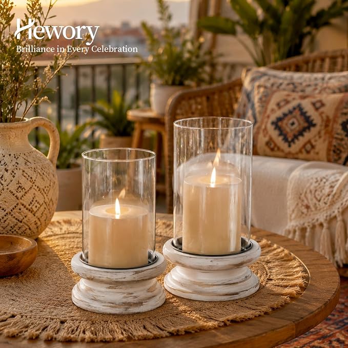Hewory Hurricane Glass Candle Holder: Rustic White Candle Holders for Pillar Candles, Vintage Decorative Wood Stand with Clear Cylinder Glass for Table Centerpiece Fireplace Mantel Farmhouse Decor