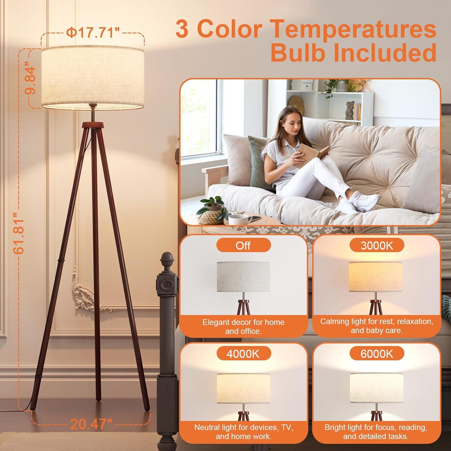 LiteHistory Wood Tripod Floor Lamps for Bedroom, Living Room, and Office, Corner lamp with Beige Linen Shade, 12W Three-Color Bulb Included, Pull Chain Switch, Gifts for mom for Home Decor, Walnut