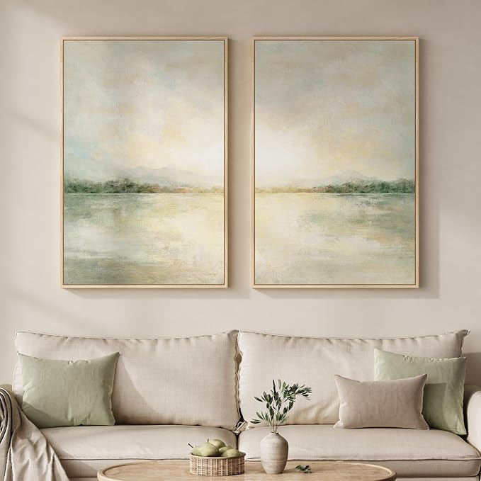mxart Framed Sage Green Abstract Wall Art for Living Room, Large Set of 2 Abstract Landscape Canvas Artwork for Walls, Minimalist Painting Print for Bedroom Dining Room Office Hallway Wall Decor, 24x36 Inch