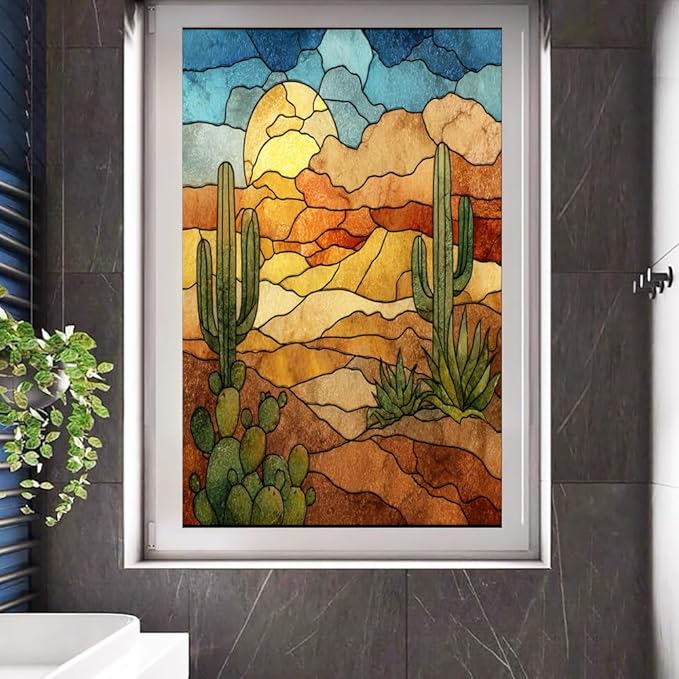 Sunset Desert Landscape Frosted Window Film, Retro Cactus Plant Texture Stained Glass Privacy Film, Heat Insulation Self-Adhesive Vinyl for Bathroom Office, 21.6Wx31.5L inch