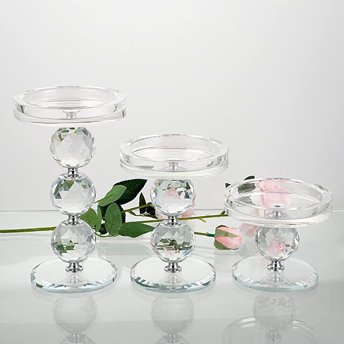 OwnMy Crystal Glass Pillar Candlestick Holders Pillar Candle Holders Sets | Clear Glass Tealight Holders Votive Candle Stands, Set of 3 Modern Pillar Candle Centerpiece for Living Room Wedding Decors