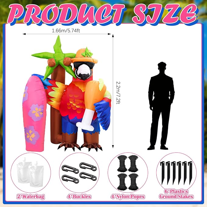 Leyndo 7.2x5.7ft Gaint Hawaiian Inflatable Parrot Decorations Tiki Inflatable Palm Coconut Tree with LED Lights Aloha Luau Hawaiian Tropical Party Decorations for Indoor Outdoor Birthday Beach