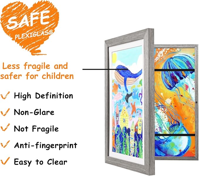 KINLINK 10x12.5 Kids Art Frame 2 Pack, Solid Wood Artwork Frames Changeable, Front Opening Hold 150 Pictures, Art Frames for Kids Artwork, 8.5x11 with Mat 10x12.5 without Mat, Picture Frames Grey