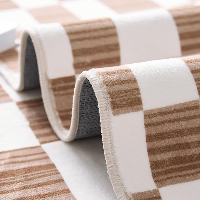 jinchan 4x6 Brown Checkered Area Rugs for Kids Room - Machine Washable Rug Modern Neutral Geometric Lattice Soft Non-Slip Carpet for Nursery Playroom Bedroom Entryway Living Room Home Office