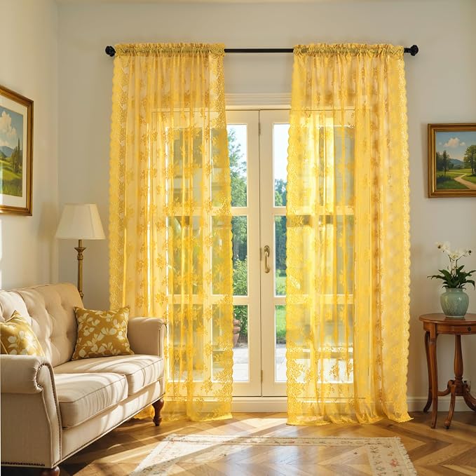 Kotile Gold Lace Curtains 96 Inches Long, 2 Panels Country Rustic Floral Mustard Yellow Sheer Curtains for Living Room Bedroom, Rod Pocket Light Filtering Privacy Window Curtain Drapes, 52 x 96 Inch