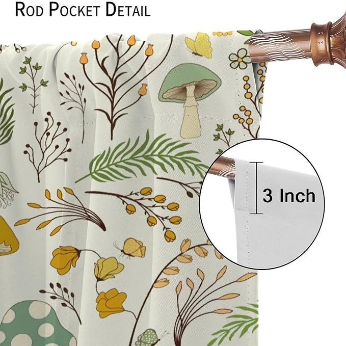 Wild Mushroom Curtains, Vintage Botanical Rustic Retro Wildflower Herbs Plants Green Mushroom Blackout Window Treatments for Living Room Kitchen Bedroom 63x72in