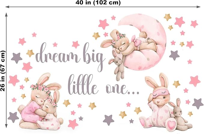 Pink Bunny Nursery Wall Decals-Baby Girl Room Rabbit Wall Decor, Animal Stickers for Kids Playroom, Toddler Bedroom and Nursery Decoration, Removable Vinyl Decals, Peel and Stick Easy to Apply.