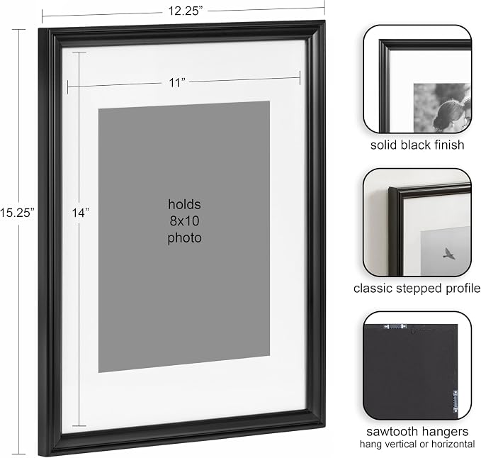 Kate and Laurel Adlynn Rectangle Picture Frame Set of 4; 11 x 14 matted to 8 x 10; Black; Modern Glam Four-Piece Frame Set for Gallery Wall Frame Set in Living Room Wall Decor