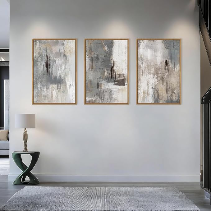 Large Abstract Neutral Gray Beige Framed Canvas Wall Art,Modern Minimalist Earth Tone Brushstroke Wall Decor,Vintage Rustic Color Block Artwork for Living Room,Bedroom,Farmhouse- 16"x24"x3