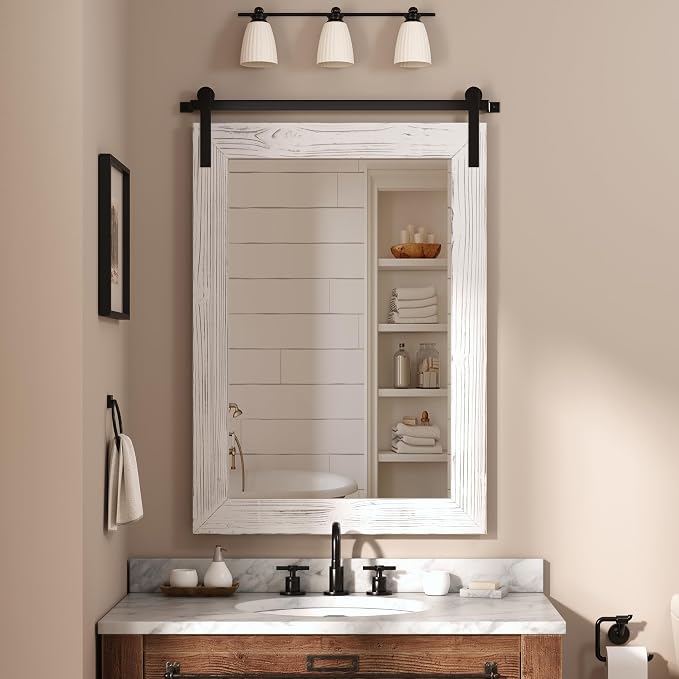COGOOD Farmhouse Bathroom Mirror - 42 x 29 Rustic Barn Door Style Mirror for Living Room, Entryway, Vanity Wall Decor (White)