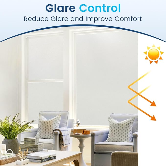 DOWELL Window Privacy Film, Frosted Glass Window Film, Static Cling Non-Adhesive Glass Clings, Sun Blocking Opaque Door Coverings, Reusable Door Sticker for Bathroom Home Office, White, 17.5" x 118"