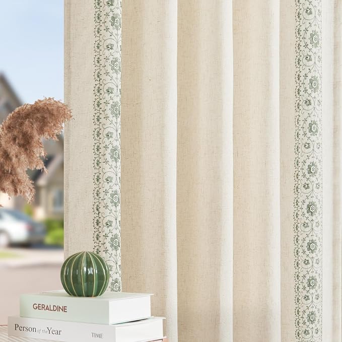 jinchan Weslie Boho Curtains for Bedroom 4 Pack Sage Green Vintage Floral Farmhouse Curtains 63 Inch Linen Drapes for Living Room Embroidered Light Filtering Drapes Cottagecore Sage on Beige