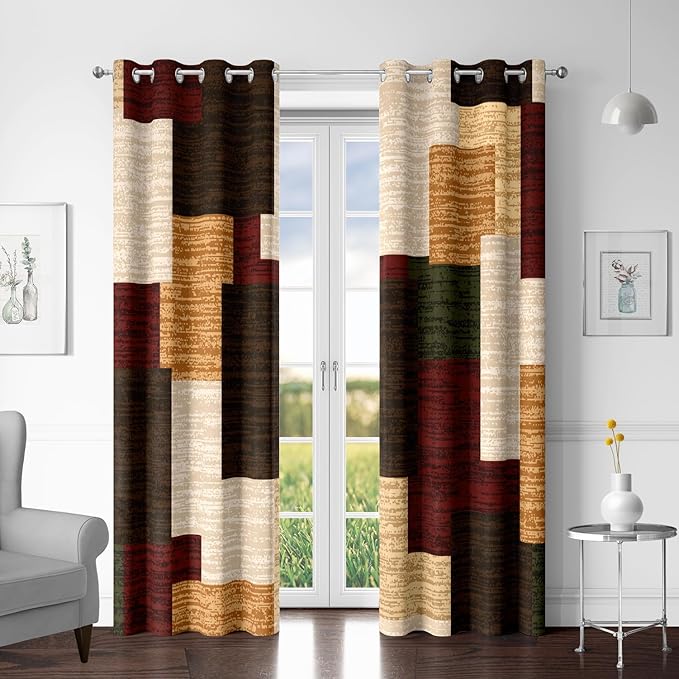 Tyrot Brown Red Vintage 100% Blackout Curtains for Bedroom 84 inch Length 2 Panels Set Modern Abstract Geometric Black Out Curtains Insulated Room Darkening Window Drapes for Living Room, 52Wx84L
