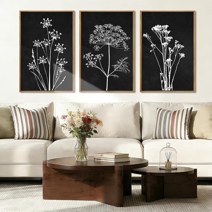 BINCUE Framed Botanical Wall Art Black Grey and White Plant Floral Art Prints Flowers Wall Decor Black Artwork White Floral Wall Pictures Botanical Paintings for Living Room Bedroom Office Farmhouse 3 Panel 16x24 Inches