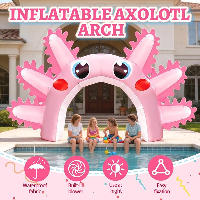 10x16FT Axolotl Inflatable Arch, Giant Pink Axolotl Birthday Party Backdrop Outdoor Yard Cartoon Archway Blow-Up Axolotl Decoration with 1Blower 3Banners for Summer Beach Pool Party Supplies
