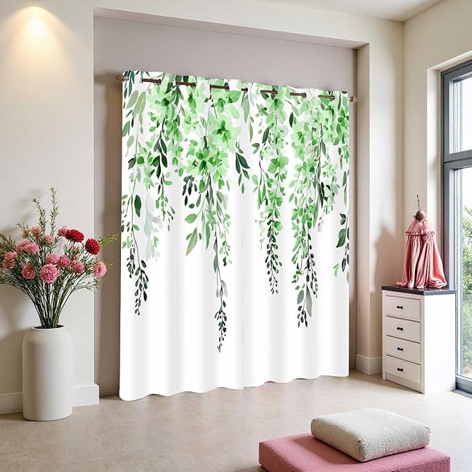 Green Watercolor Floral Curtains, Botanical Leaves Vine Flowers Curtain, Rustic Farmhouse Flower Leaf Blackout Window Treatment Drapes for Bedroom Living Room 52x96 inch, 2 Panels
