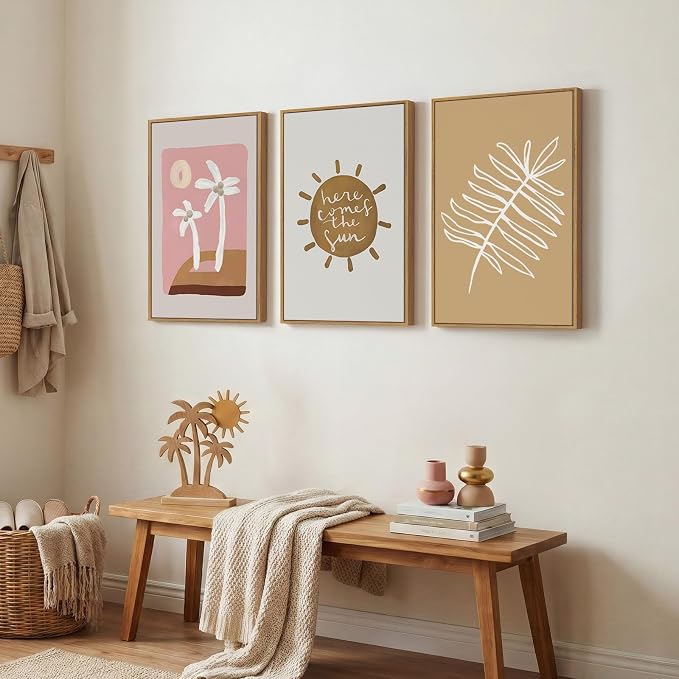 Framed Pink Brown Boho Wall Art Bedroom, 3 Piece Summer Neutral Palm Tree Canvas Prints Artwork for Walls, Tropical Coastal Botanical Sun Paintings for Bathroom Nursery Girl Room Wall Decor, 16x24 In