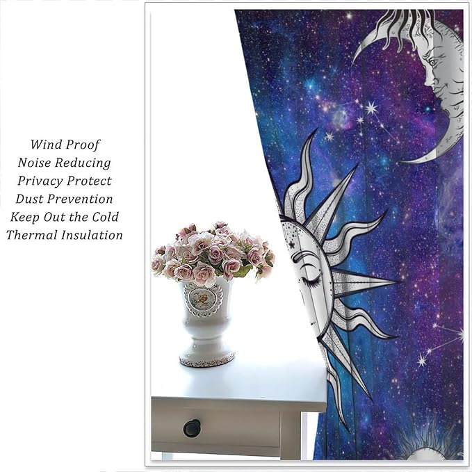 Sun Moon Blackout Curtains, Abstract Bohemian Cosmos Night Sky Galaxy Moon Sun Window Drapes, for Bedroom Living Room 52" W X 84" L