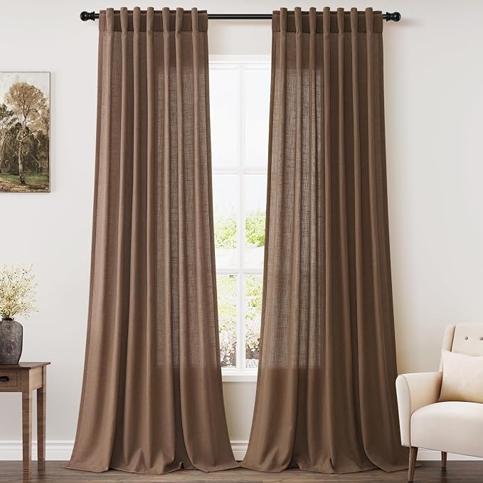 Nanspring Caramel Brown Linen Curtains for Living Room 105 Inches Long Back Tab Light Filtering Semi Sheer Vintage Rustic Curtain Luxury Boho Decor Drapes for Bedroom Office 52x105, 2 Panels