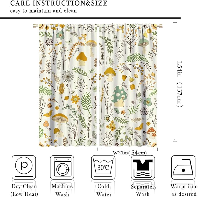 Wild Mushroom Curtains, Vintage Botanical Rustic Retro Wildflower Herbs Plants Green Mushroom Blackout Window Treatments for Living Room Kitchen Bedroom 42x54 Inch