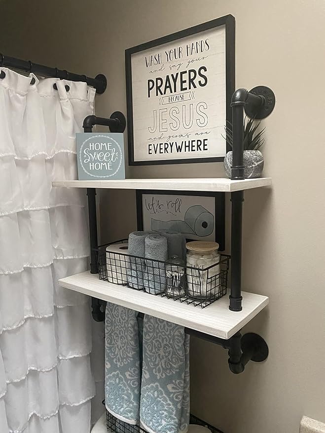 ROGMARS White Bathroom Floating Shelves for Wall Industrial Pipe Shelving | 24 Inch Wall Mounted Shelves with Towel Bar Hooks Coffee Bar Shelves Wine Hanging Display Rack Bookshelf Living Room Decor