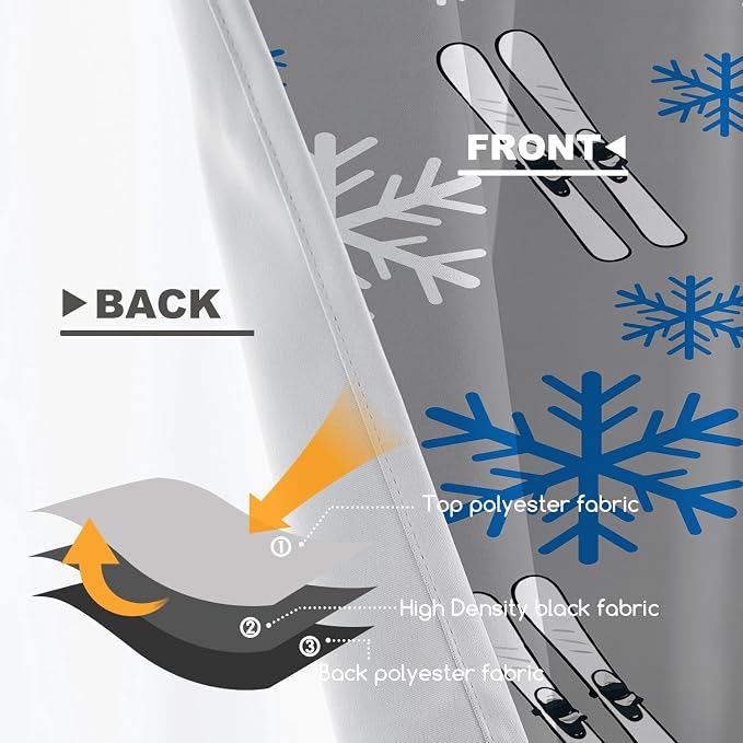 Shrahala Snowflakes Skis Blackout Short Curtains for Windows, Winter Sports Themed Pattern Kitchen Valance Thermal Insulated Rod Pocket Window Treatment for Bathroom 52 X 18 in