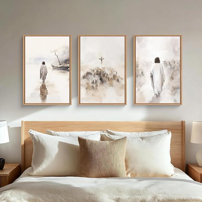 ARYROI Jesus Christ Walking On Water Framed Canvas Wall Art Set,Religious Christian Biblical Scenes Landscape Wall Decor,Watercolor Neutral Faith Scripture Cross Artwork for Living Room,Prayer Room,Church-24"x36"x3