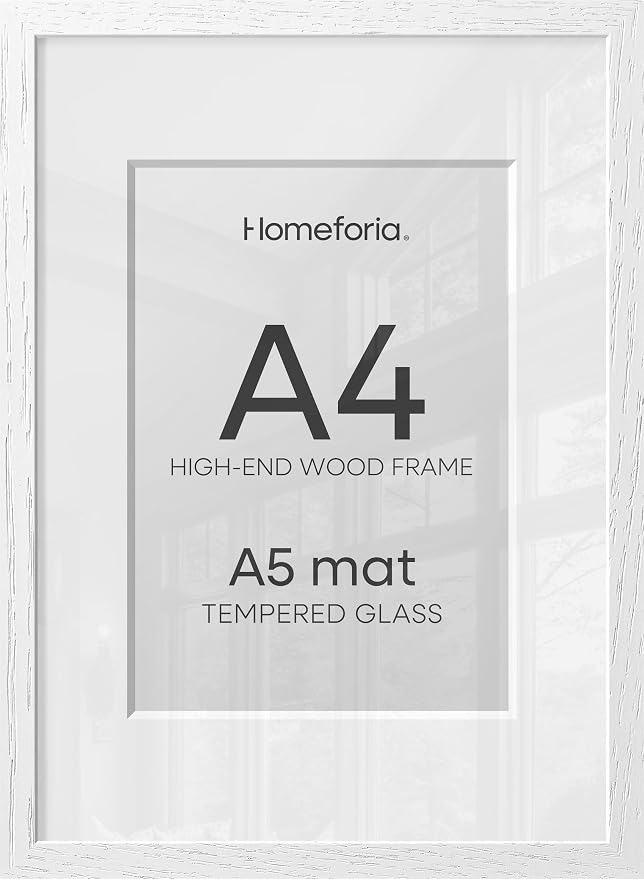 Homeforia A4 Picture Frame White Wood, High-End Oak 8.3 x 11.7 White Poster Frames Matted to 5.8 by 8.3 Photo, 8.3x11.7 Size Wooden Frame with Mat for 5.8x8.3 Print, Tempered Glass, Wall Kit, Set of 1